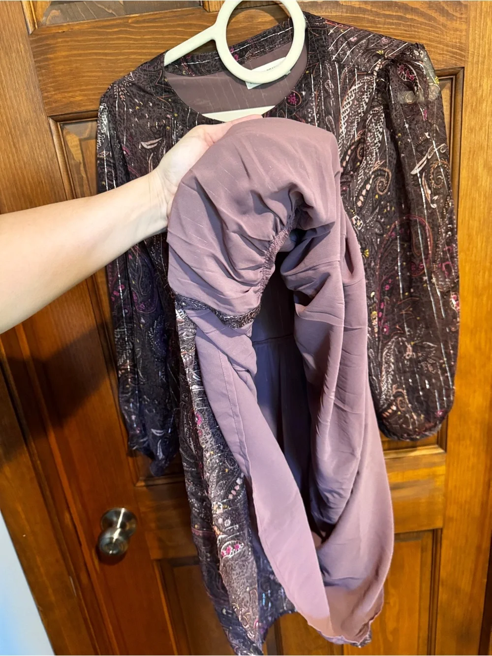 297. Lucky Brand Plum Paisley Long-Sleeve Tiered Dress - Picture 6 of 8